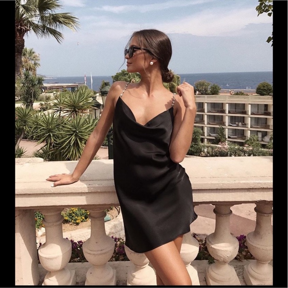 Zara Black Satin Cowl Neckline Rhinestone Jewel Straps Slip Mini Dress